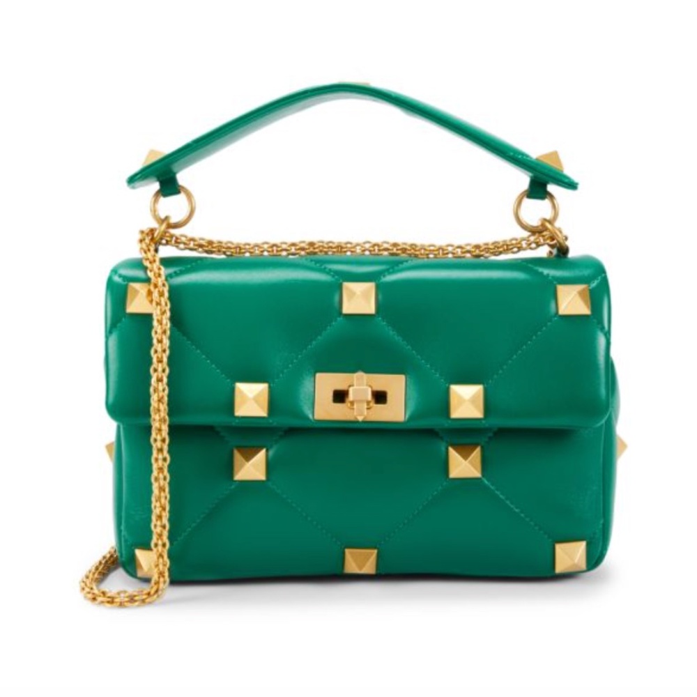 NWT VALENTINO GARAVANI Roman Rockstud Green Nappa Leather Satchel Crossbody Bag